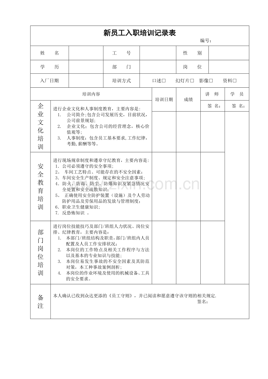 新员工入职培训记录表.doc_第1页