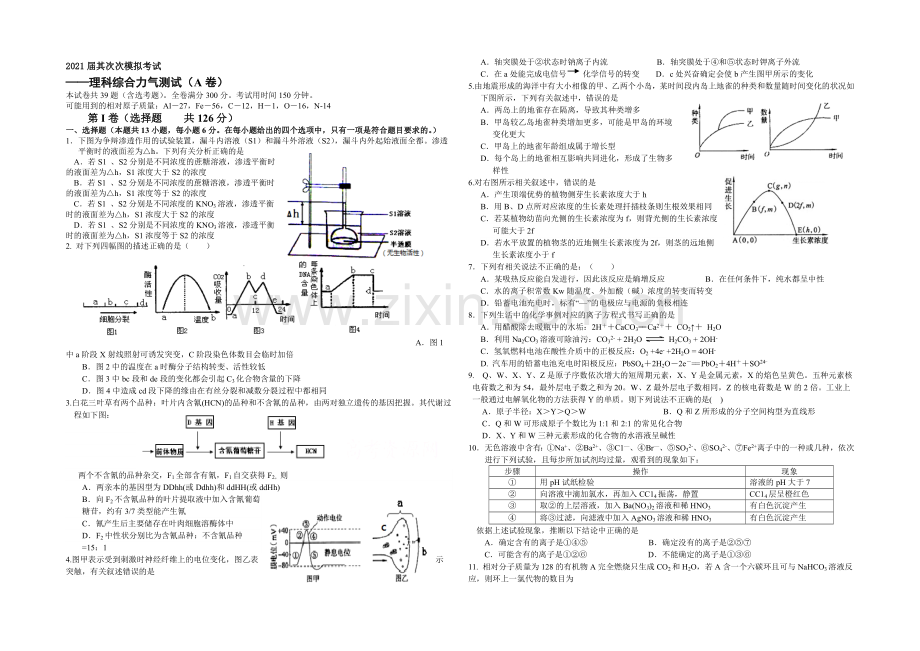 陕西省西工大附中2021届高三下学期二模考试理综(A)试题Word版含答案.docx_第1页