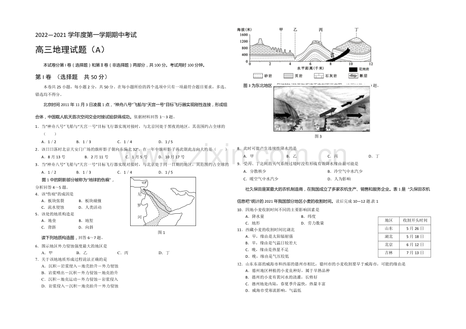 山东省菏泽市2021届高三上学期联考地理试题Word版含答案.docx_第1页