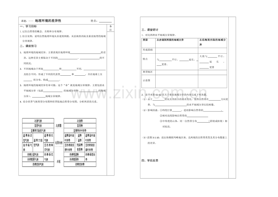 2013—2020学年高一地理(鲁教版)必修一同步导学案：3.1地理环境的差异性.docx_第1页