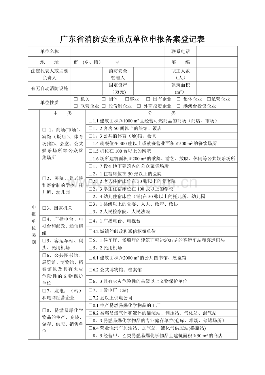 广东省消防安全重点单位申报备案登记表.doc_第1页