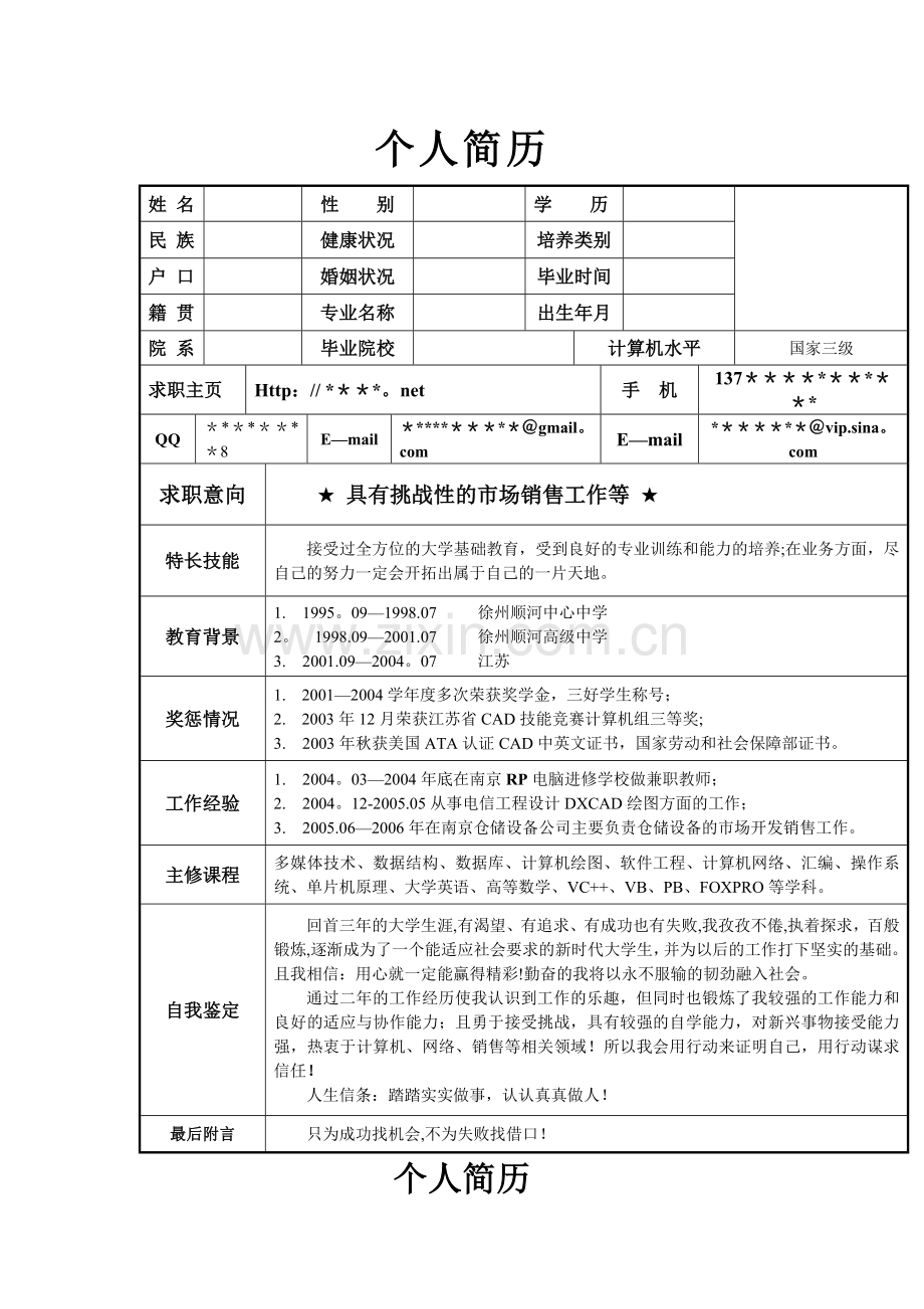 个人简历模板大全(求职必备).doc_第1页