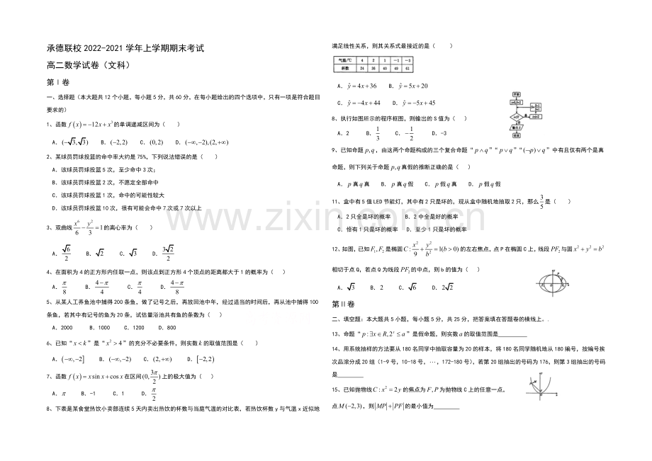 河北省承德联校2020-2021学年高二上学期期末考试数学(文)试题-缺答案.docx_第1页