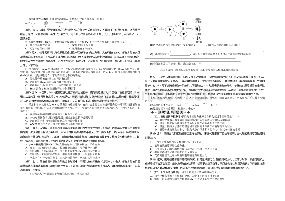 2021年高考生物(人教版)一轮复习强化练习：细胞的分化、衰老、凋亡和癌变.docx_第1页