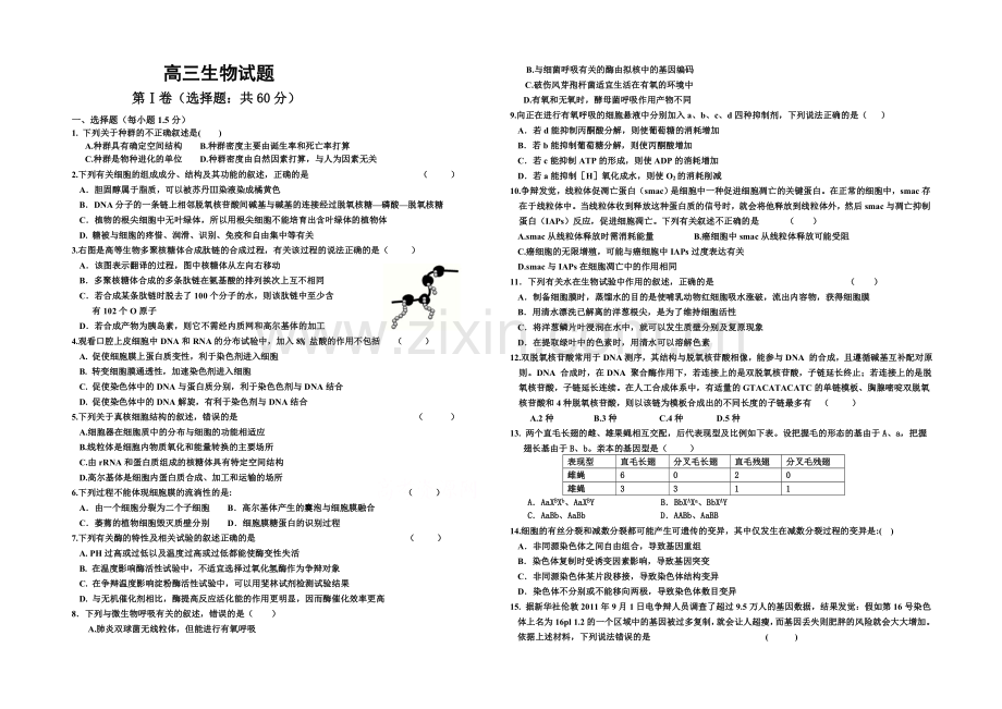 黑龙江省双鸭山市第一中学2022届高三上学期12月月考试题-生物-Word版含答案.docx_第1页