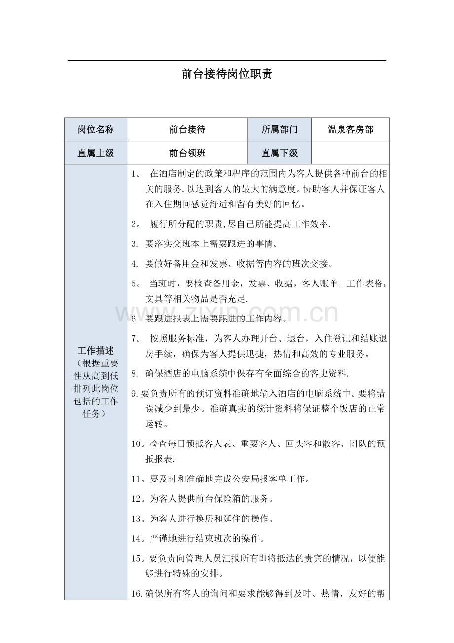 温泉客房部-前台岗位职责及工作流程-、考核.docx_第1页