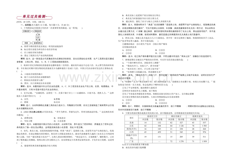 2020-2021学年度高一历史(岳麓版必修2)第一单元单元过关检测.docx_第1页