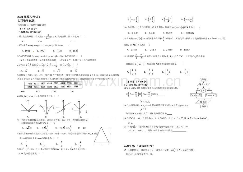 陕西省西工大附中2021届高三下学期一模考试数学(文)试题Word版含答案.docx_第1页