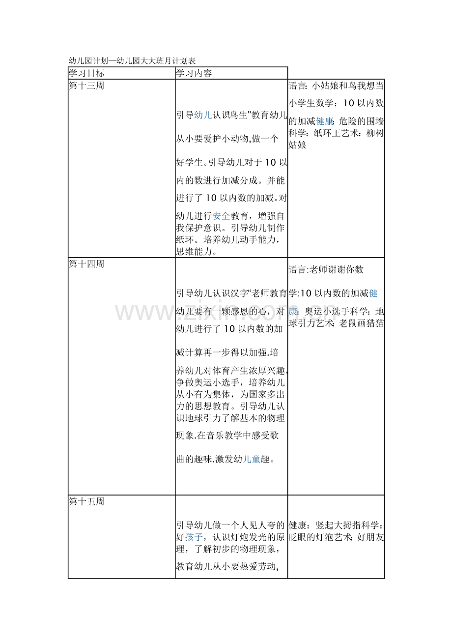 幼儿园计划-幼儿园大大班月计划表.doc_第1页