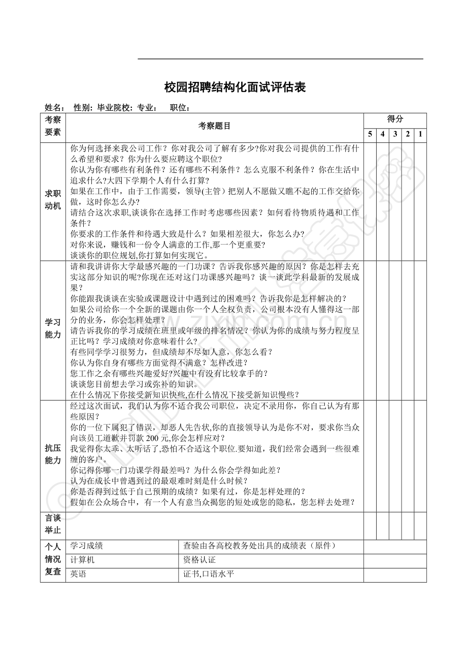 校园招聘结构化面试评估表及评分标准.doc_第1页