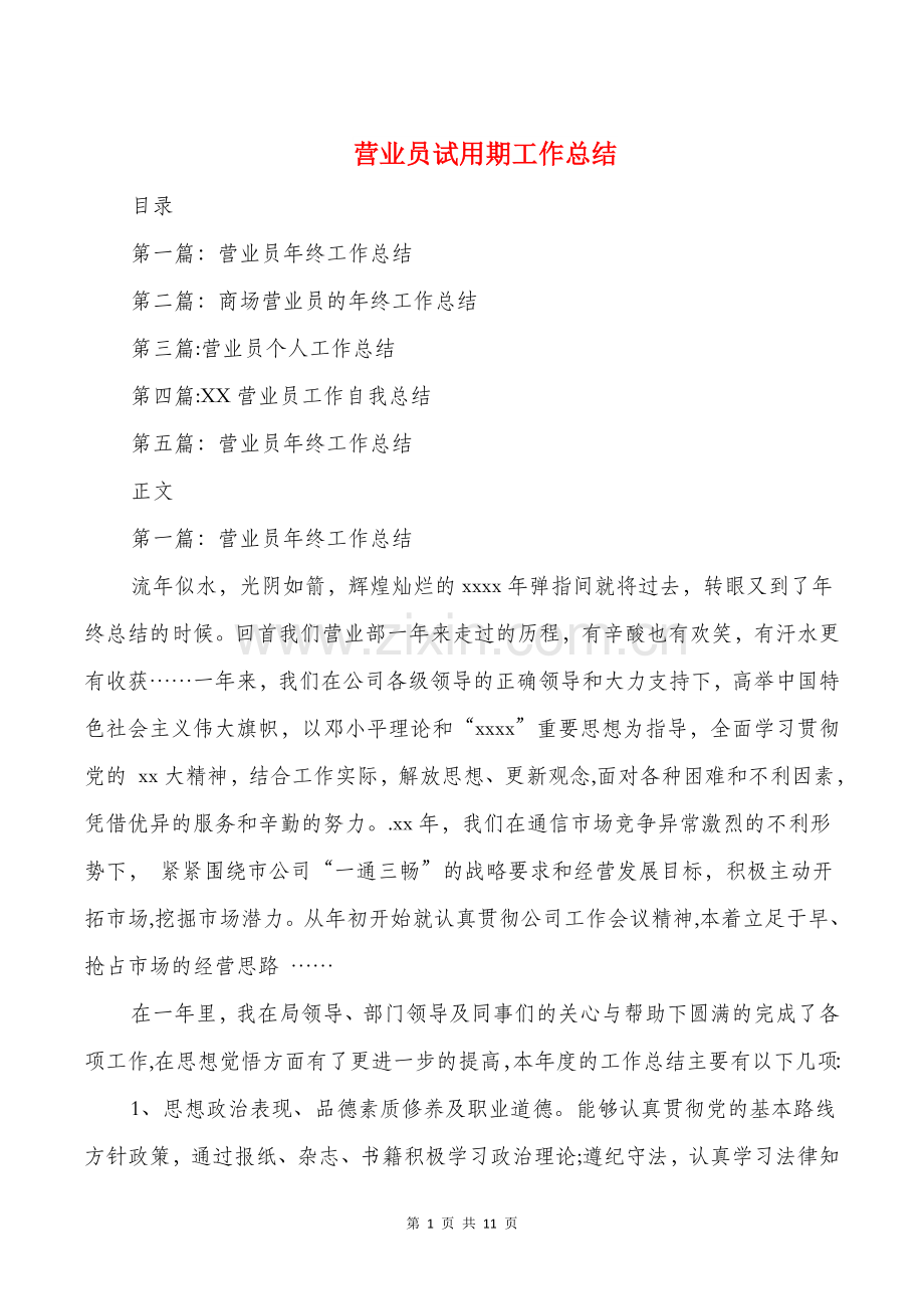 营业员试用期工作总结(多篇).doc_第1页