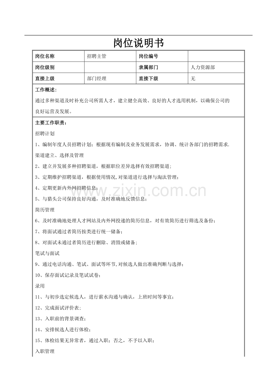 招聘主管岗位职责、岗位说明书.docx_第1页