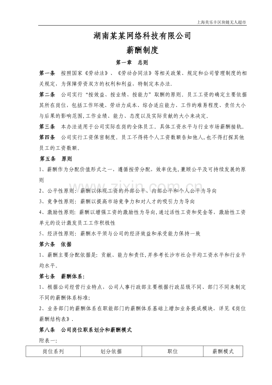 上海美乐丰区块链无人超市网络科技公司薪酬管理办法.doc_第1页