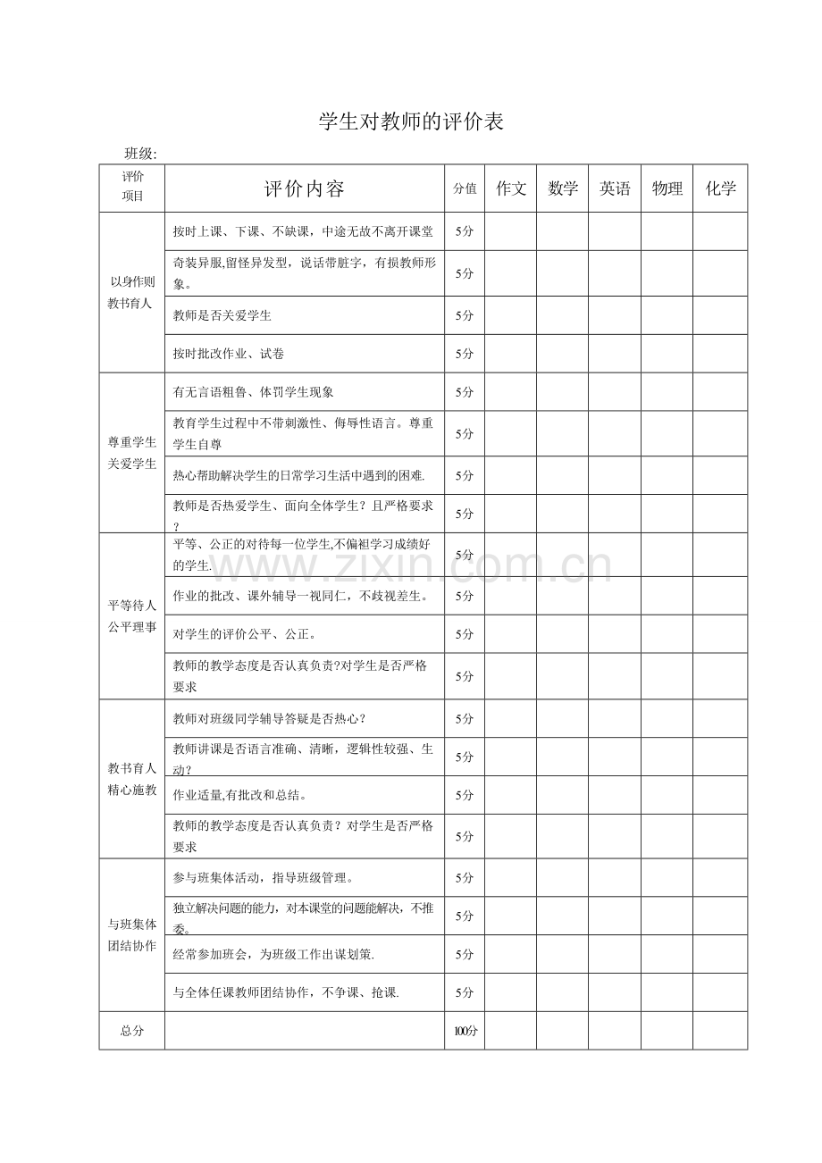 学生对教师的评价表.doc_第1页