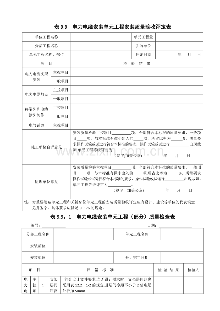 表9.9--电力电缆安装单元工程安装质量验收评定表.doc_第1页