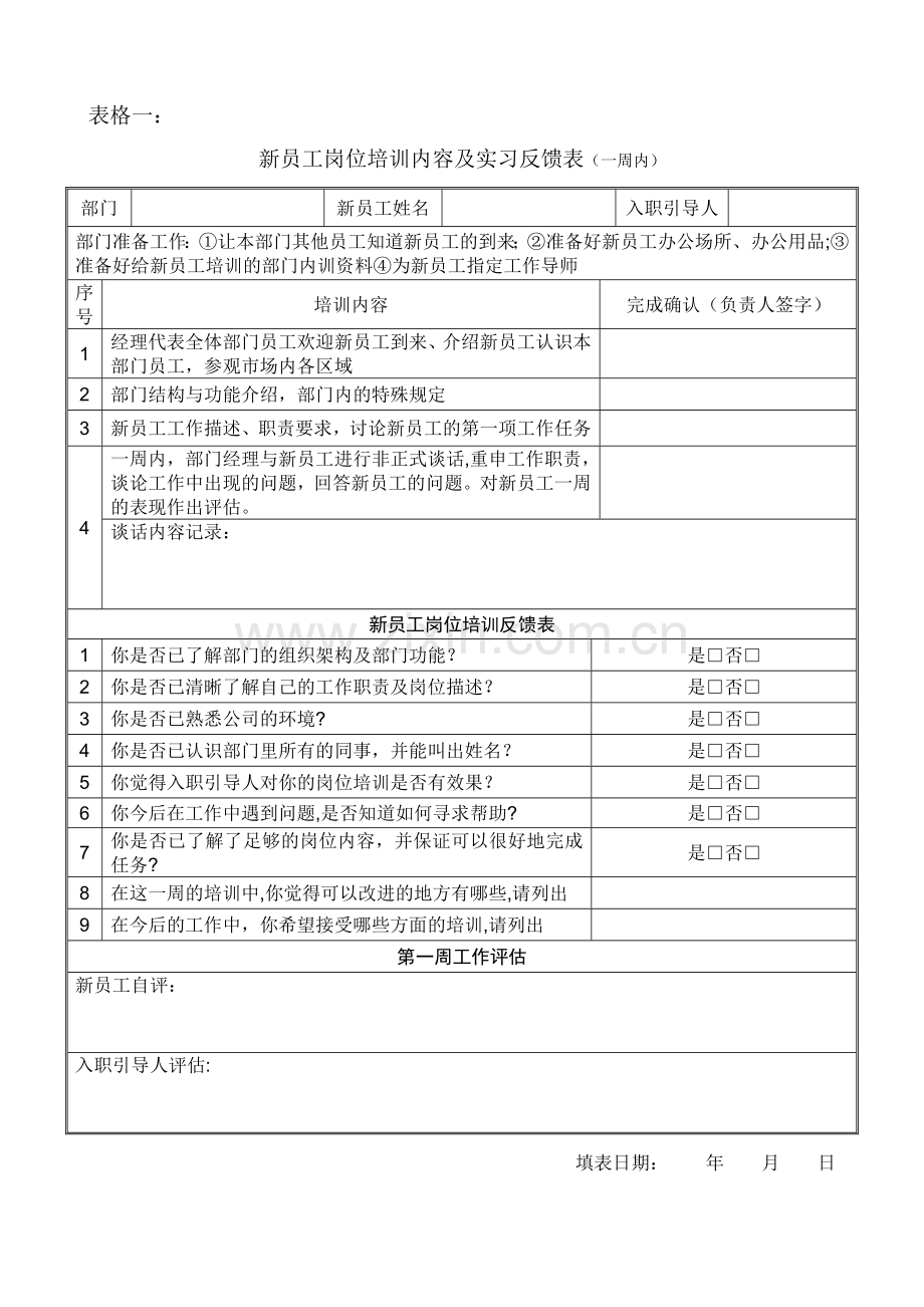 新员工岗位培训内容及实习反馈表.doc_第1页