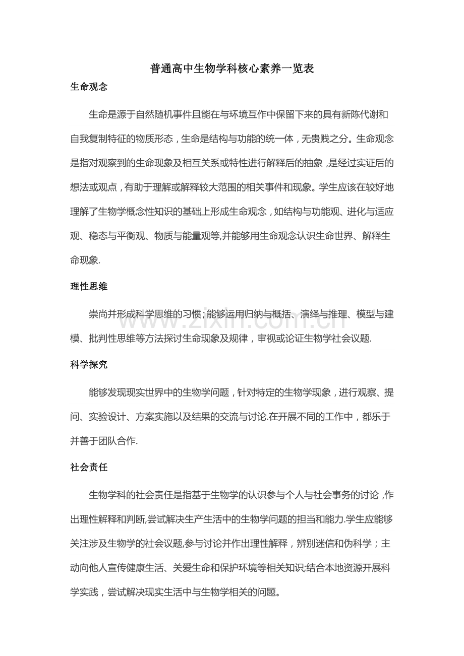 普通高中生物学科核心素养一览表.doc_第1页