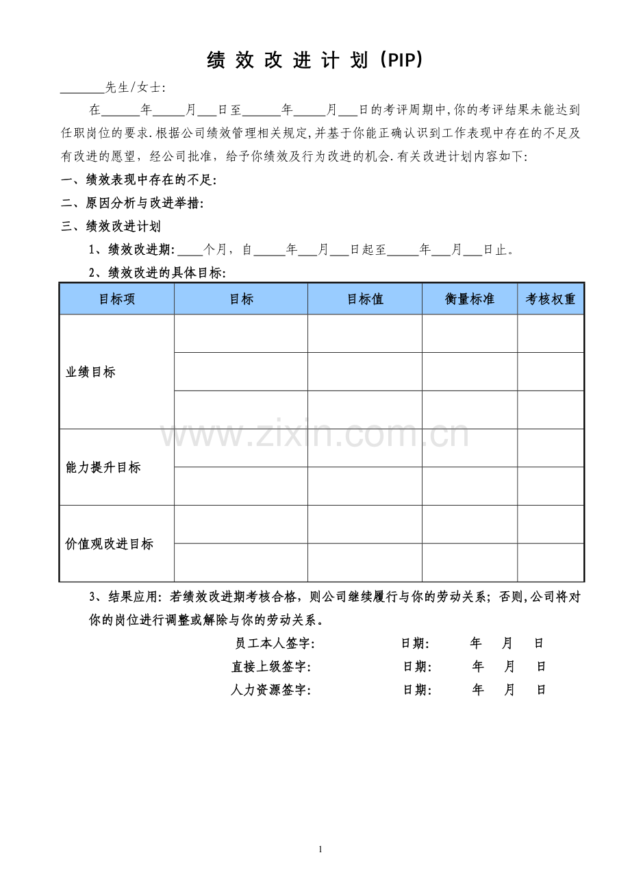 绩效改进计划表(PIP).doc_第1页