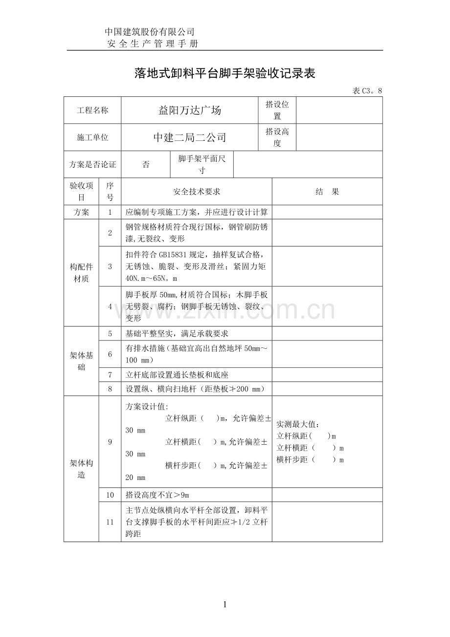 落地式卸料平台验收表.doc_第1页