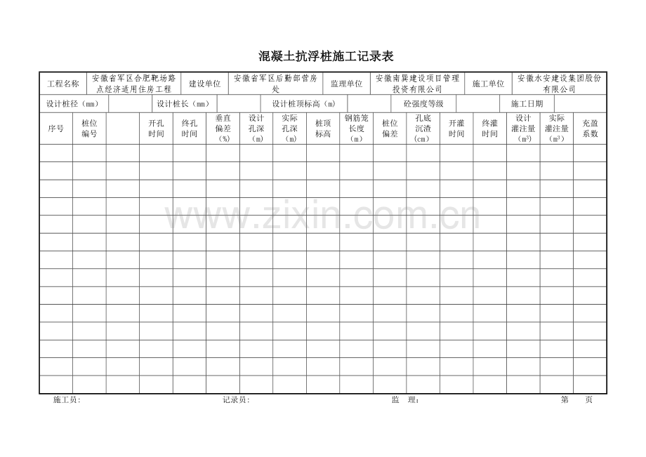 混凝土灌注桩施工记录表.doc_第1页