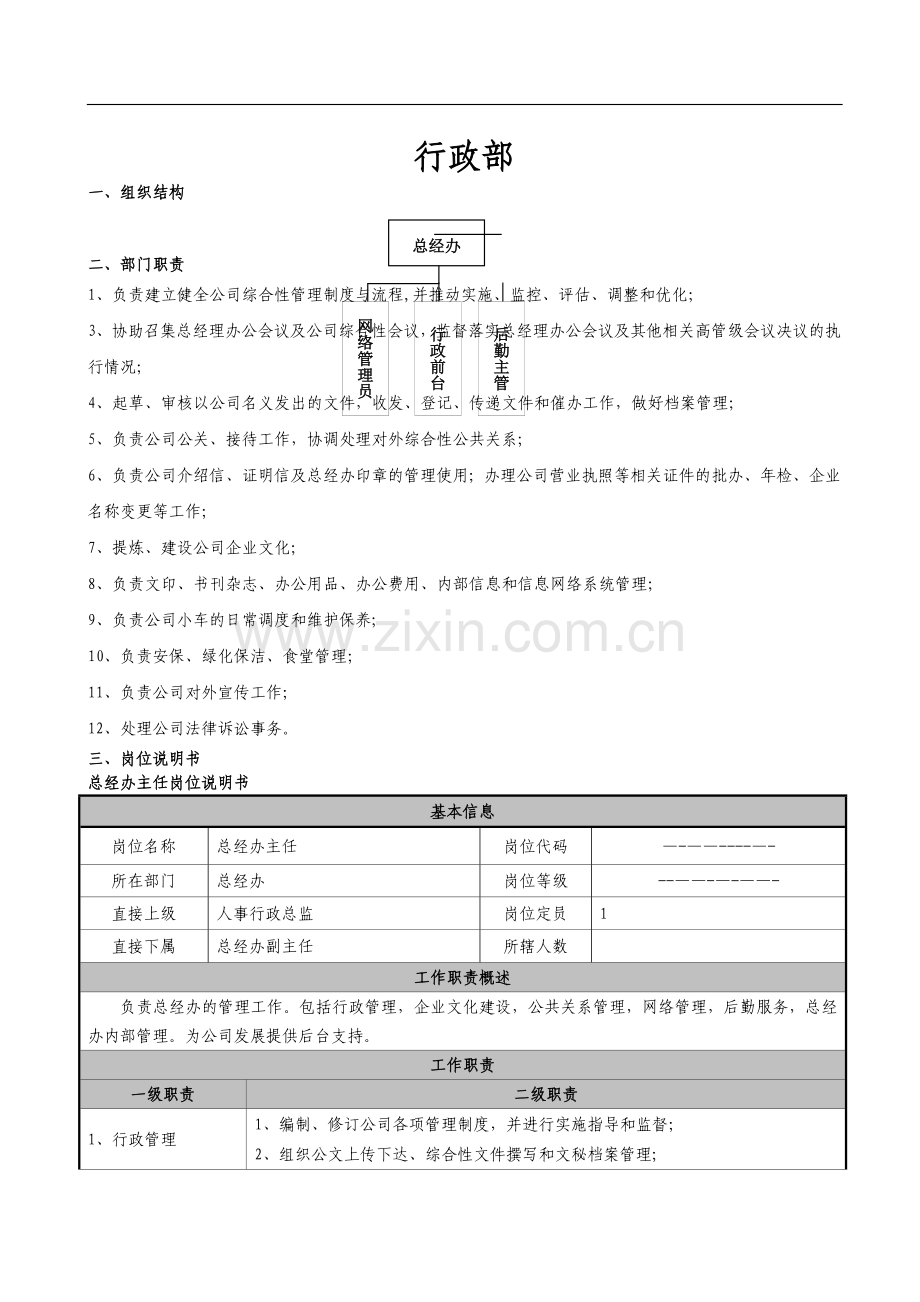 行政部岗位说明书.doc_第1页