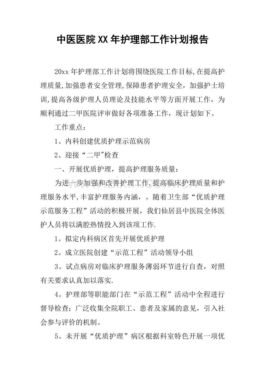 中医医院XX年护理部工作计划报告.docx_第1页