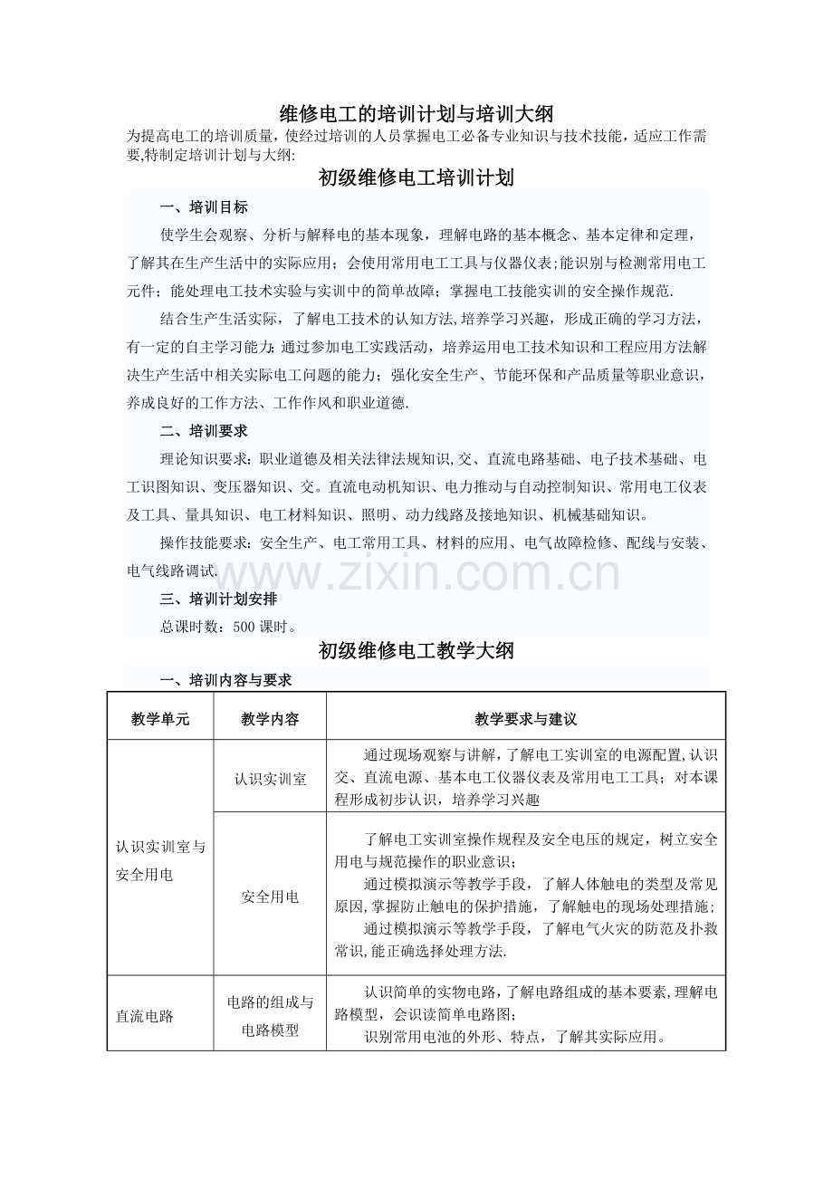 电工培训计划及大纲(初、中级).doc_第1页