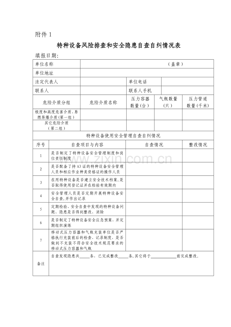 特种设备风险排查和安全隐患自查自纠情况表.doc_第1页