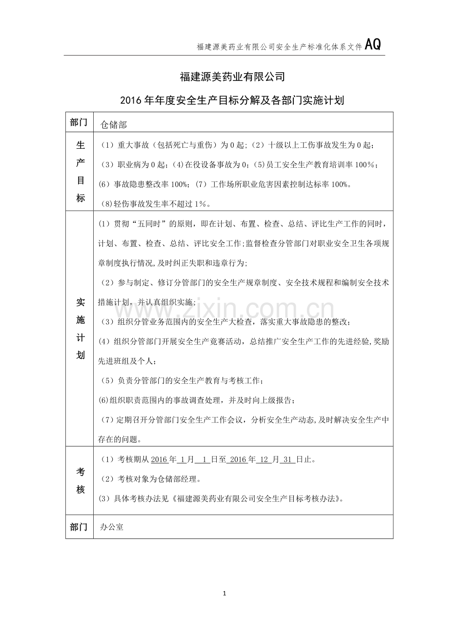 安全生产目标分解及各部门实施计划.doc_第1页