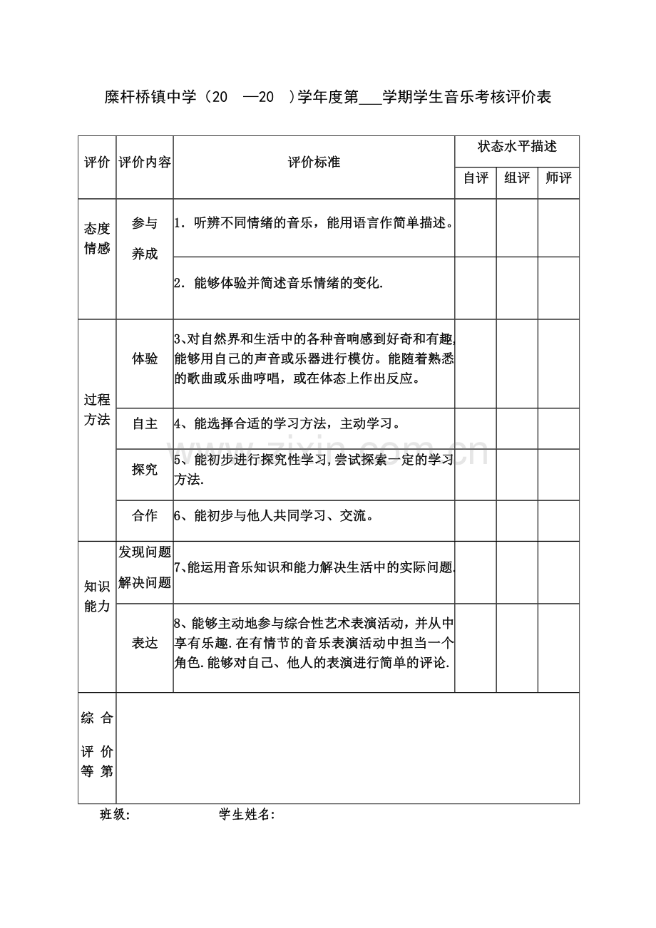 学生音乐考核评价表.docx_第1页