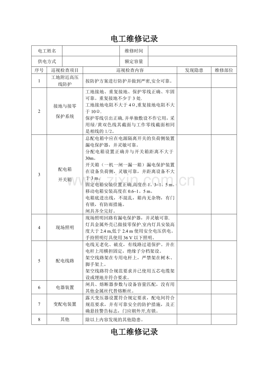 电工巡视维修记录表(含内容).doc_第1页