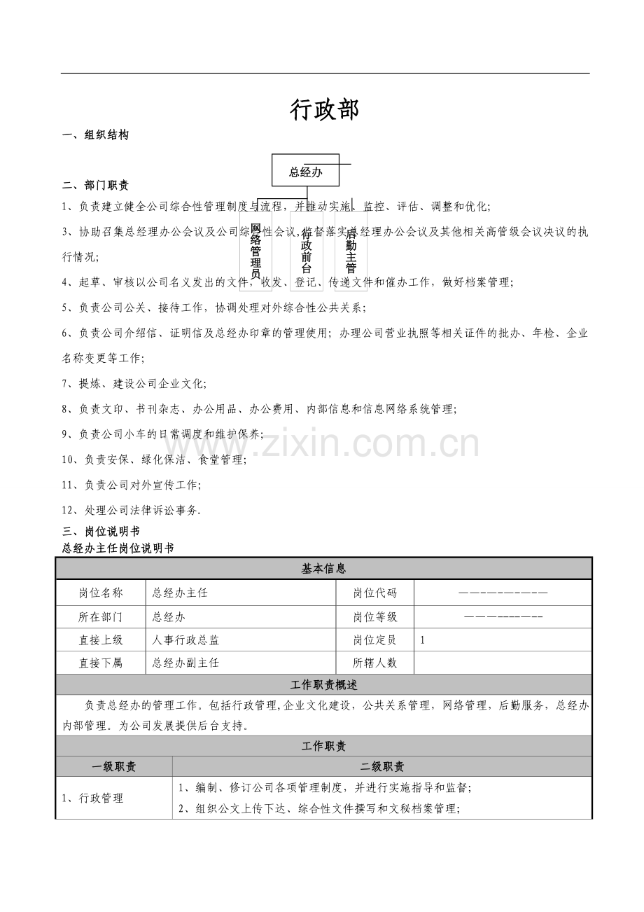 行政部岗位说明书-(2).doc_第1页