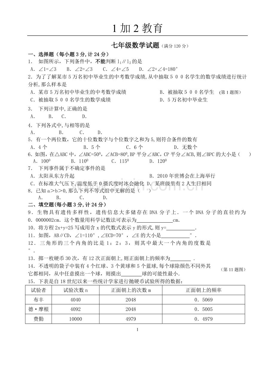 七年级下册数学期末考试卷及答案---副本---副本.doc_第1页