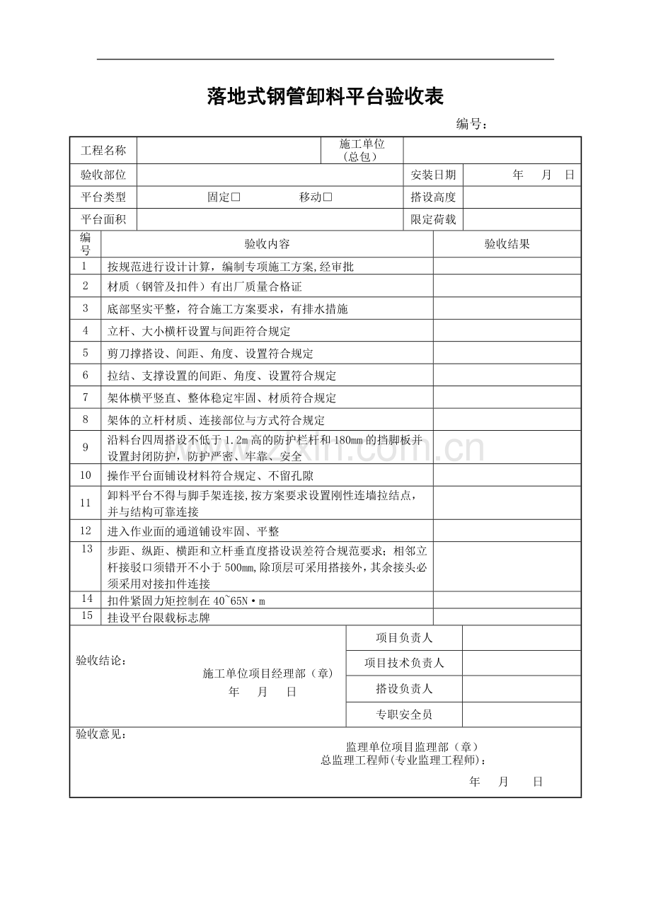 落地式钢管卸料平台验收表.doc_第1页