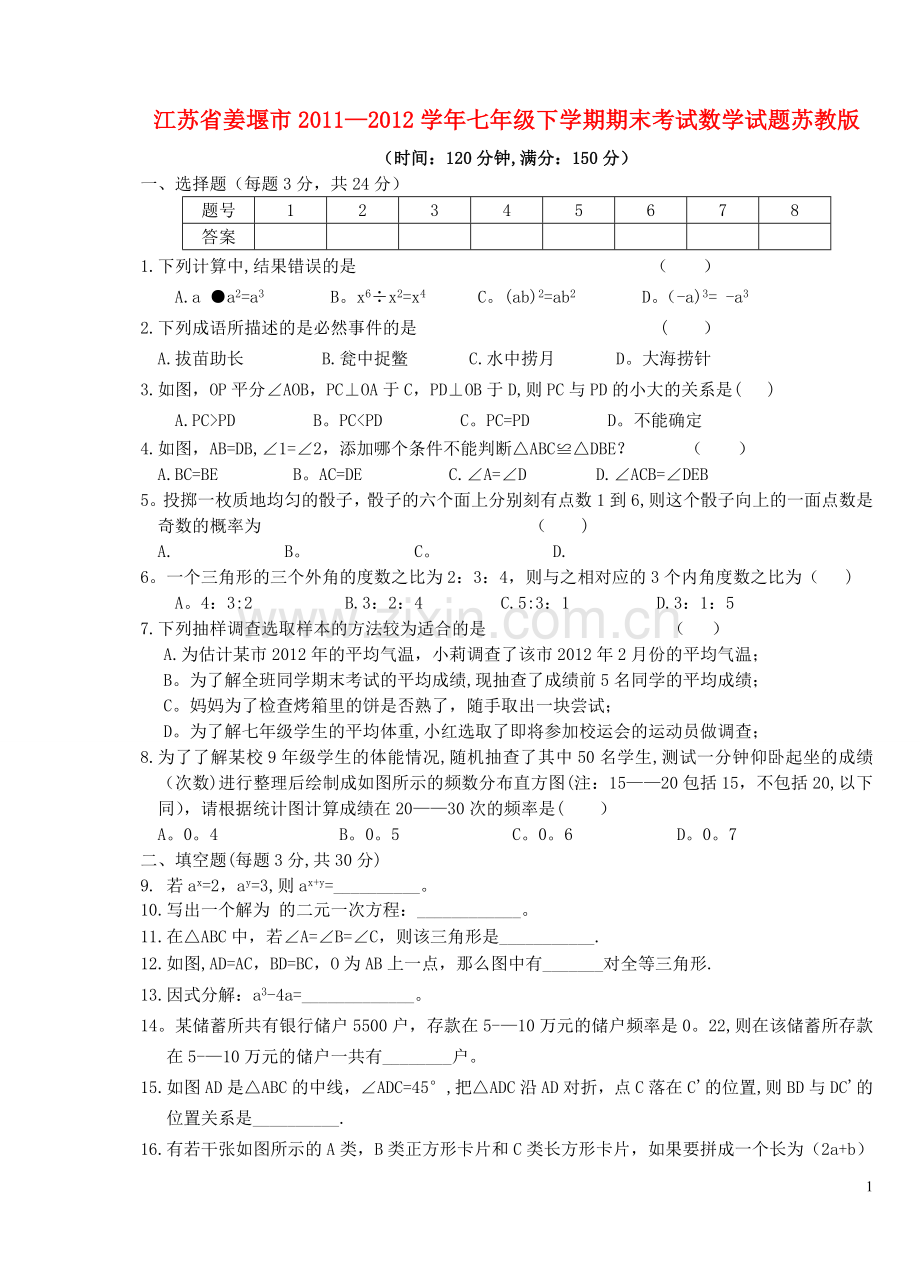 七年级数学下学期期末考试试题-苏教版.doc_第1页