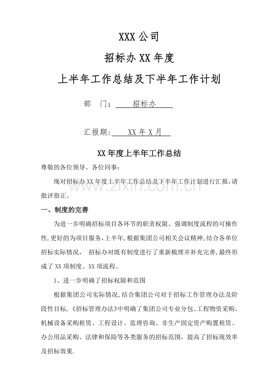 招标办公室XX年度上半年工作总结及下半年工作计划.docx_第1页