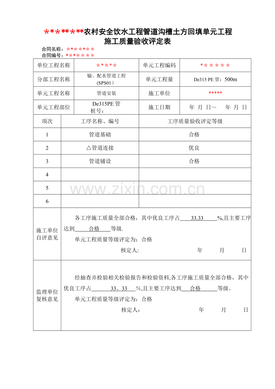 管道主体安装单元工程施工质量评定表.doc_第1页