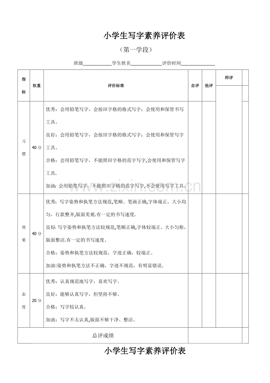 小学生写字素养评价表.doc_第1页