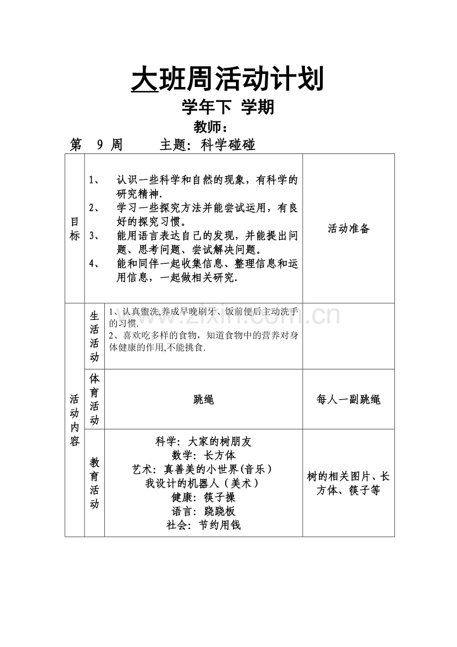 大班下学期周活动计划(1-20周).doc_第1页