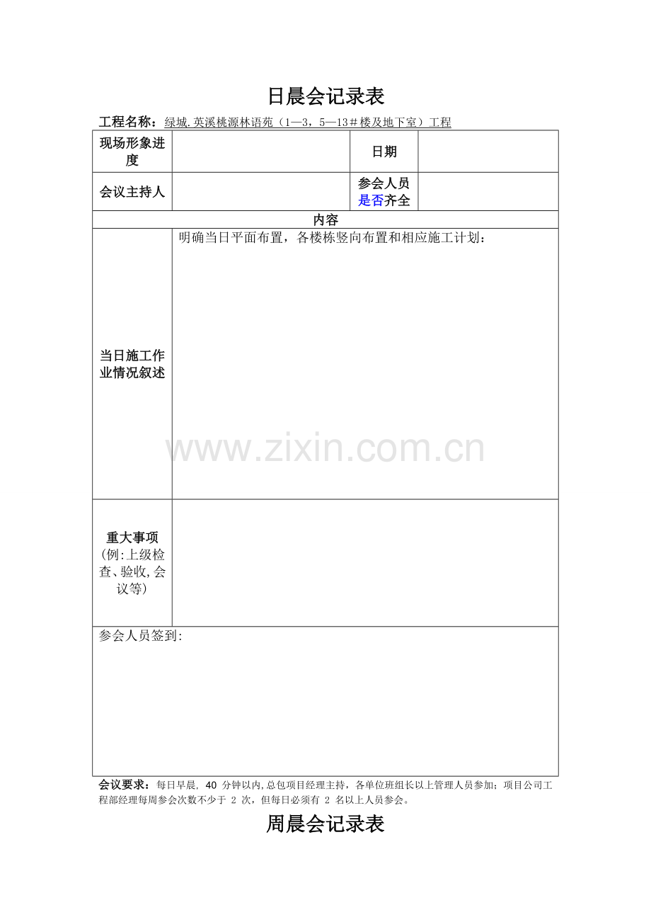 建筑工程日、周晨会记录表.doc_第1页