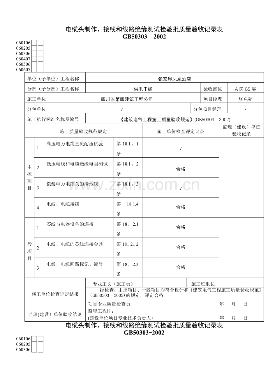 电缆头制作、接线和线路绝缘测试检验批质量验收记录表.doc_第1页