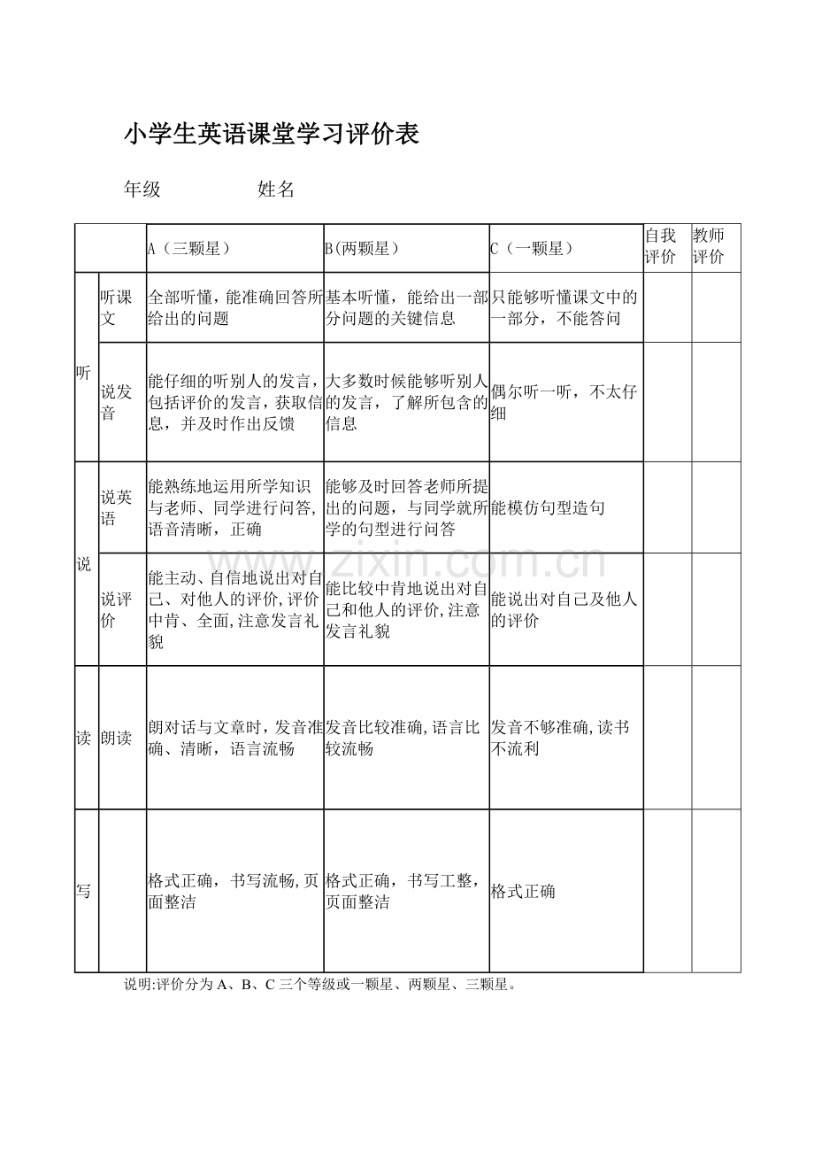 小学生英语课堂学习评价表.doc_第1页