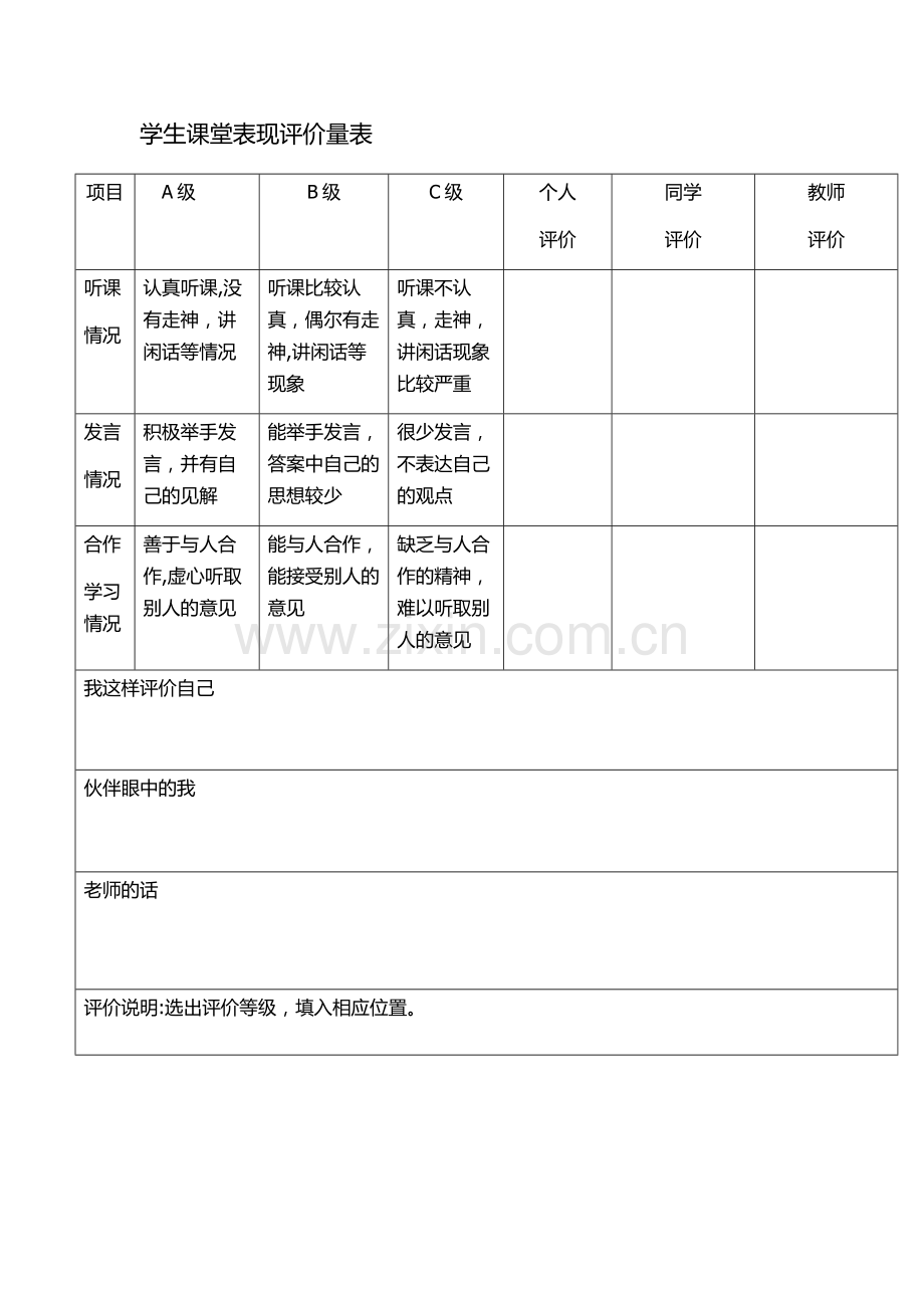 学生课堂表现评价量规表.doc_第1页