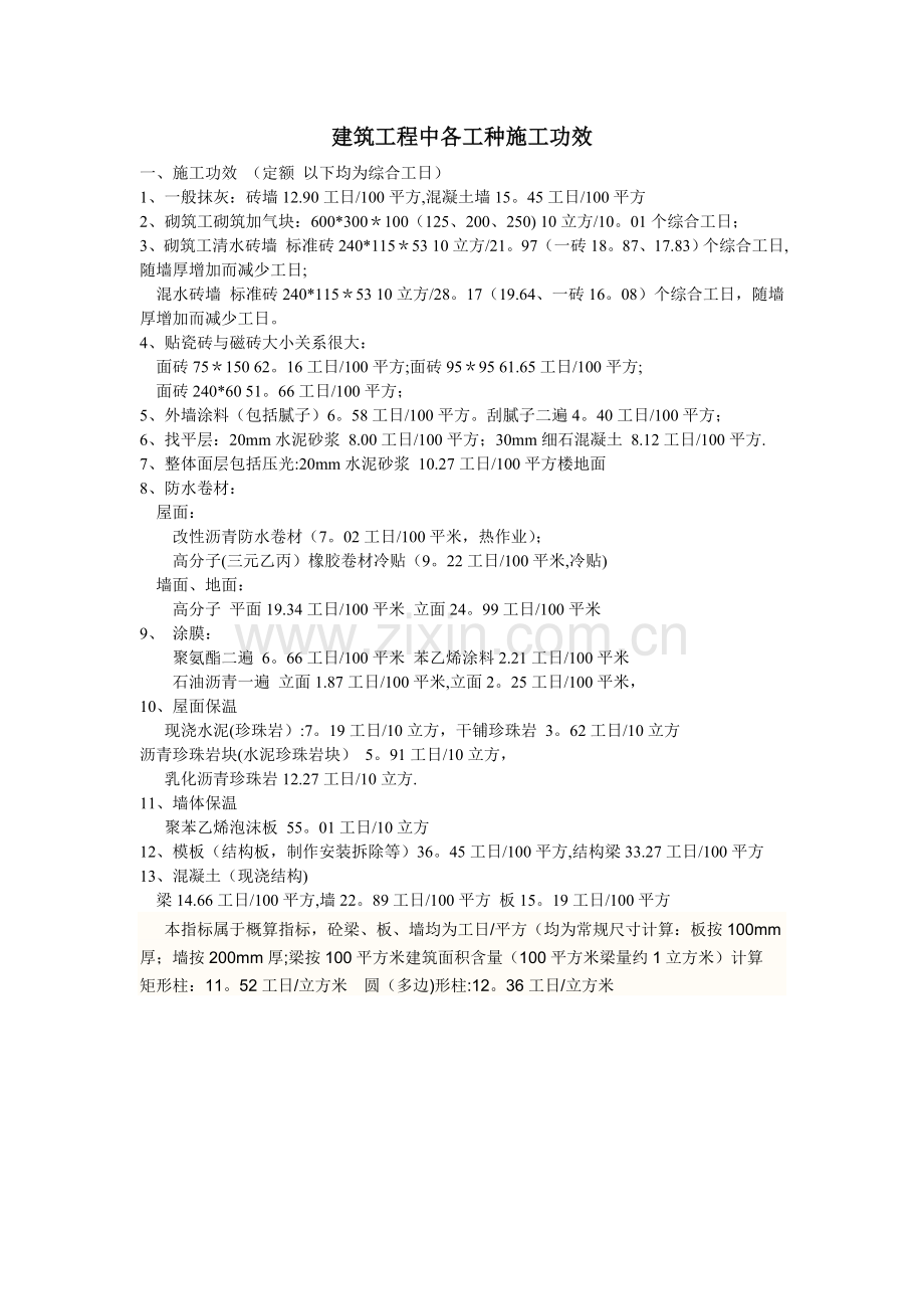 建筑工程中各工种施工功效.doc_第1页