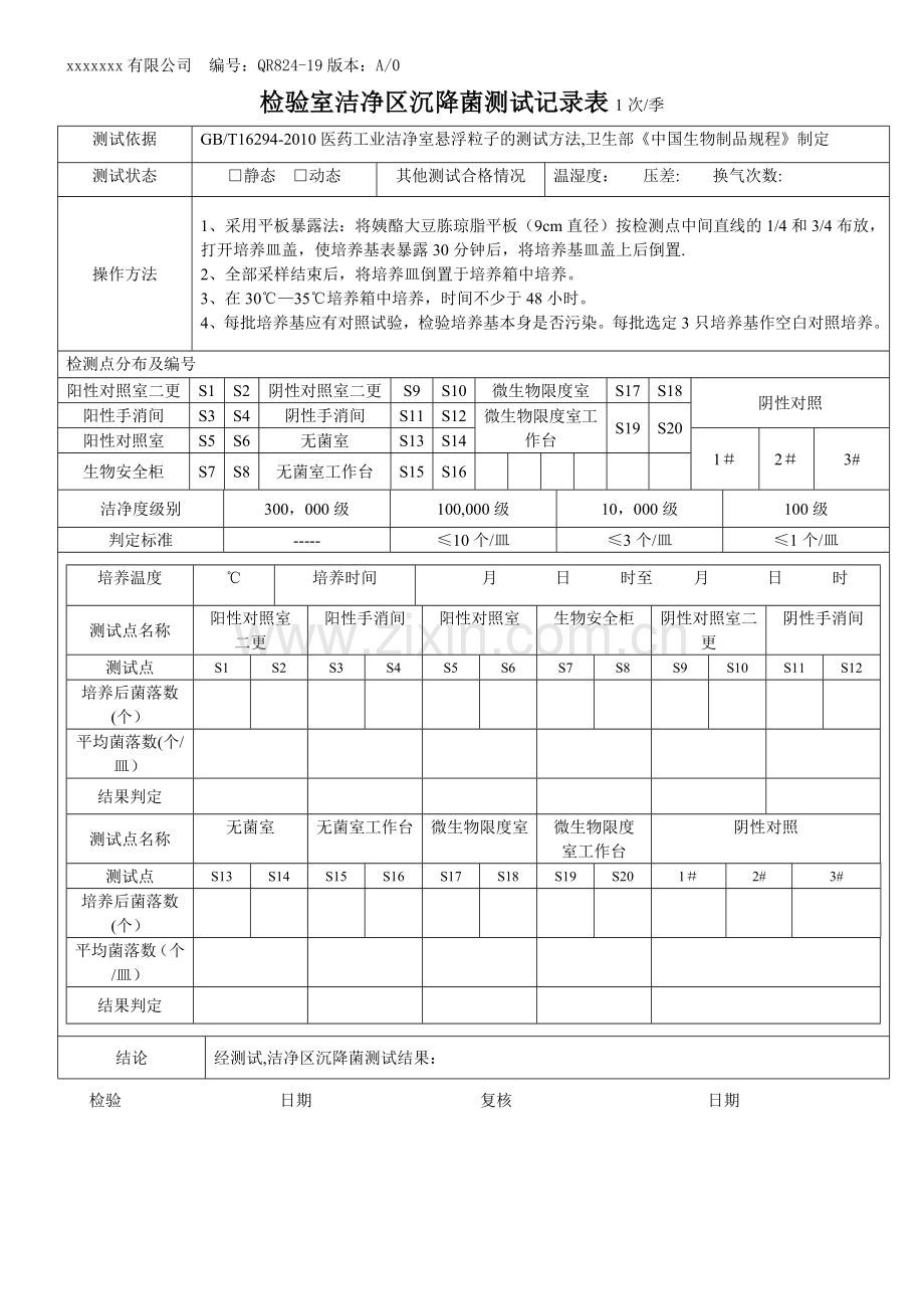 检验室洁净区沉降菌测试记录表.doc_第1页