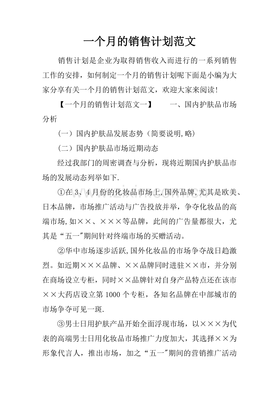 一个月的销售计划范文.docx_第1页