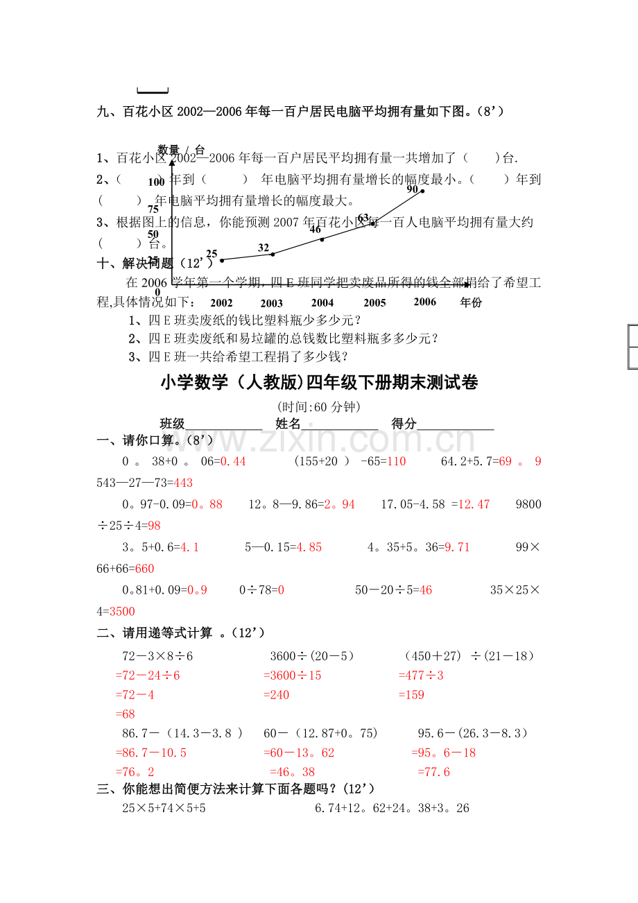 人教版--小学四年级下册数学期末测试题及答案.docx_第3页