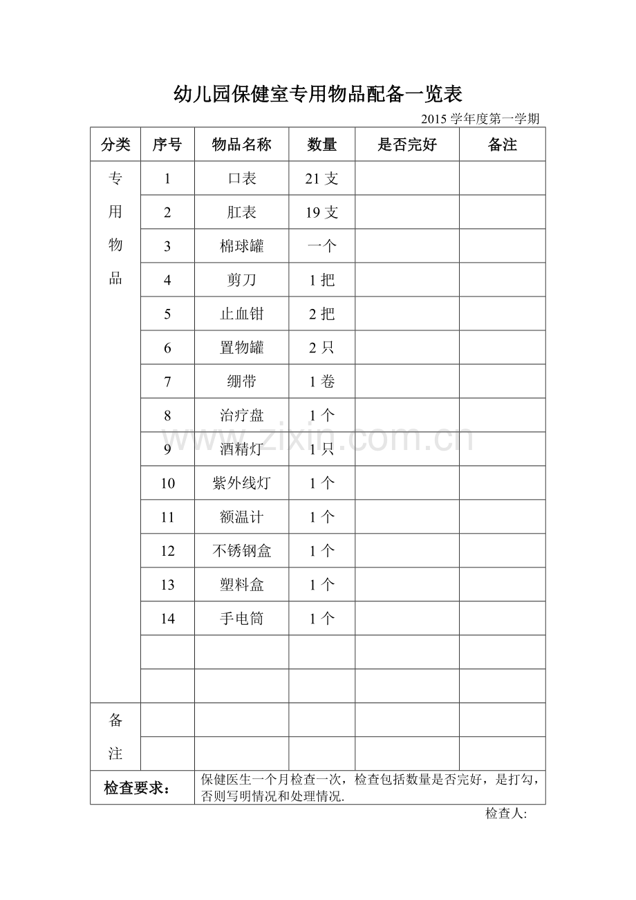 幼儿园保健室专用物品配备一览表.doc_第1页