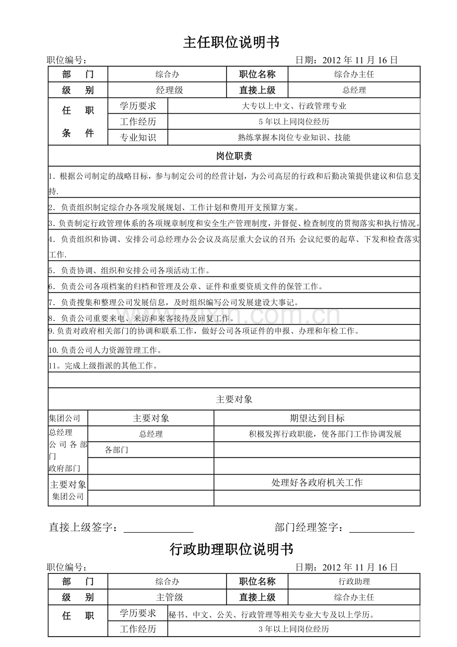 综合办人事行政办公室岗位说明书.doc_第1页