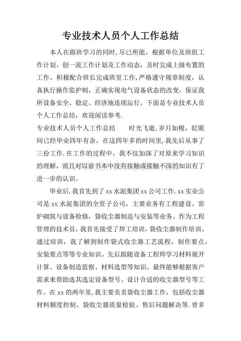 专业技术人员个人工作总结.docx_第1页